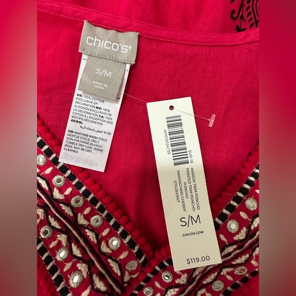 NWT Chico's Women’s Mirror Trim Poncho Tribal V Neck Size S/M Maraschino Cherry - Picture 7 of 9